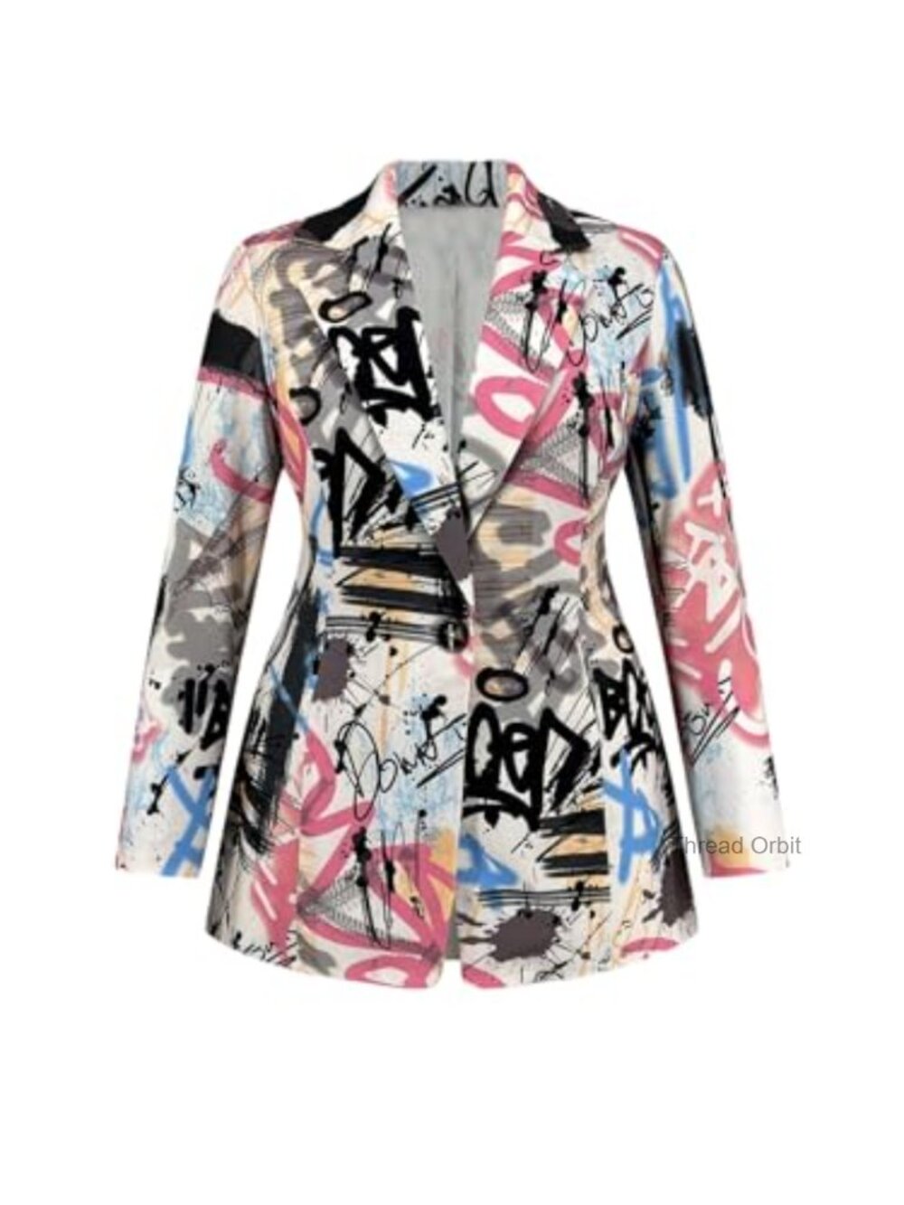 Plus Size Graffiti Graphic Button Blazer Jacket Long Sleeve Casual
